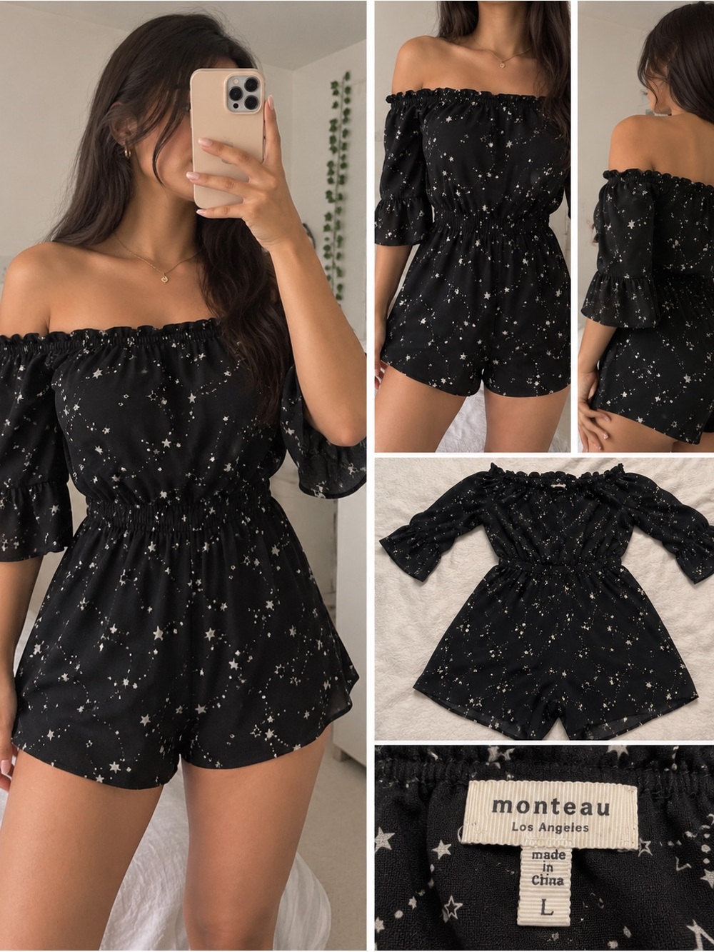 Monteau Black Star Print Off-Shoulder Romper